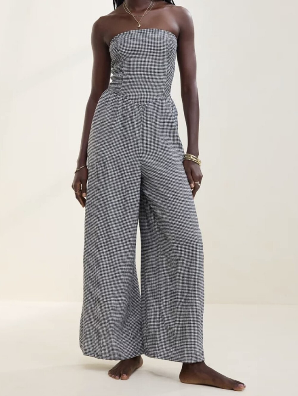 aerie Strapless Wide-Leg Jumpsuit in Black and White Gingham